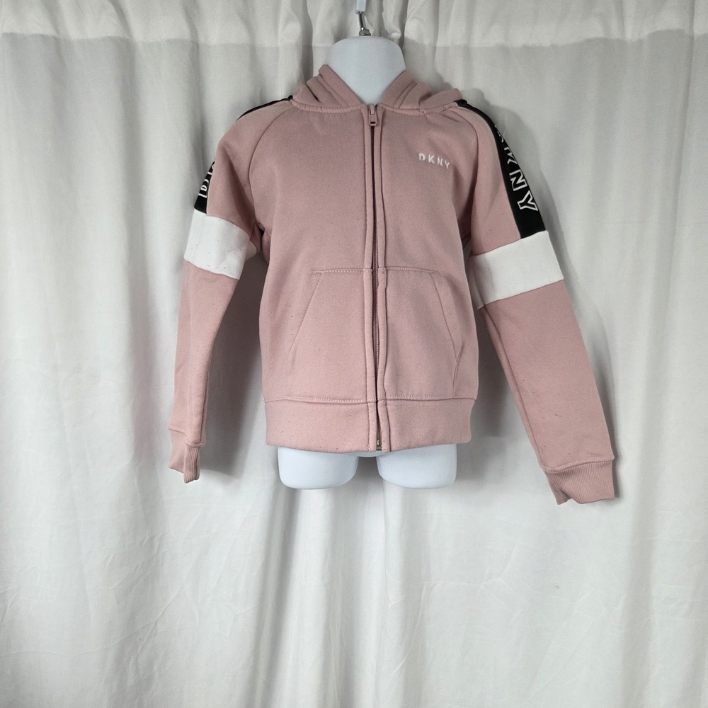 DKNY Girls Size 3T Full Zip Hoodie Pink Black White Colorblock